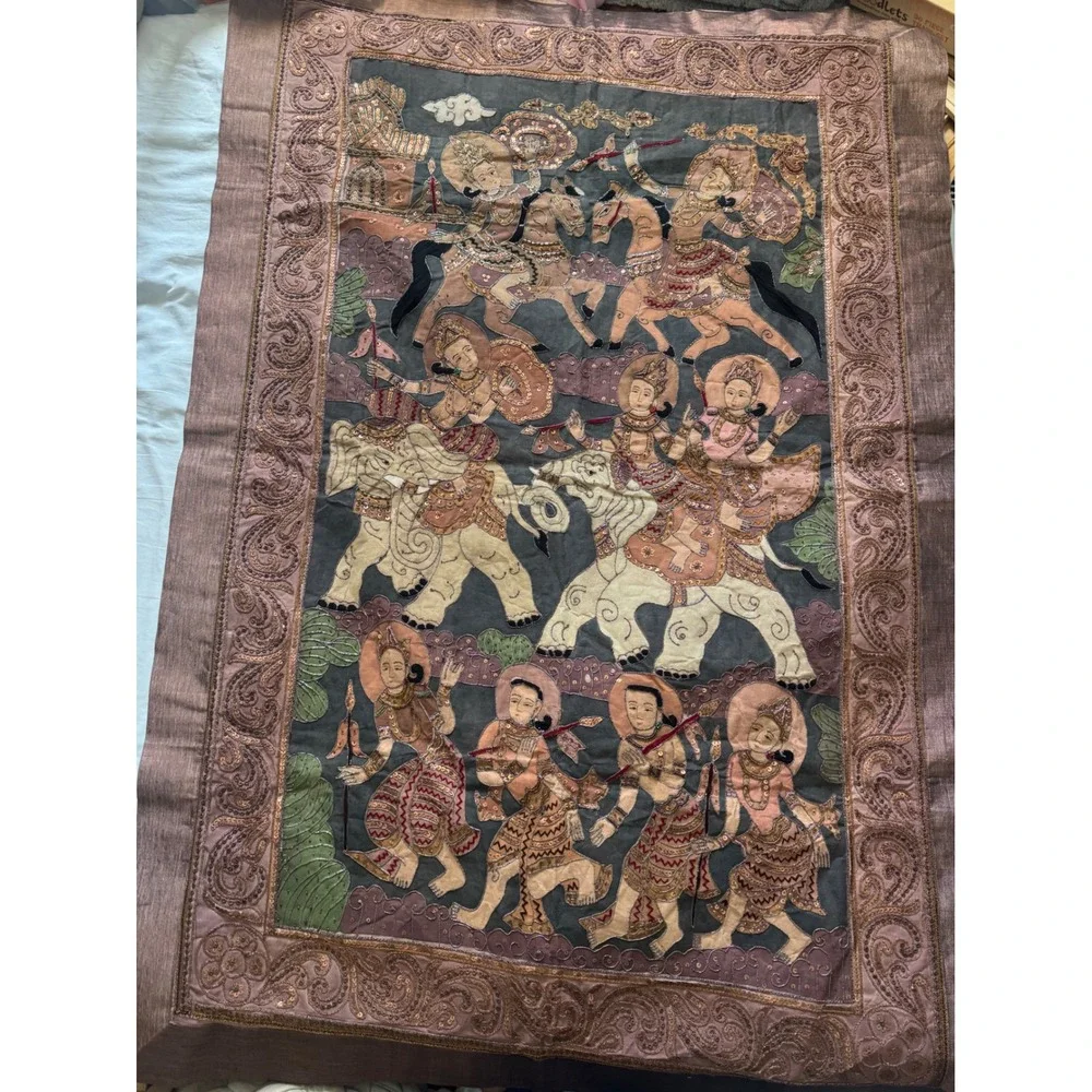 Vintage Burmese Kalaga Tapestry Large Gold Embroidered Elephant Wall Hanging Art